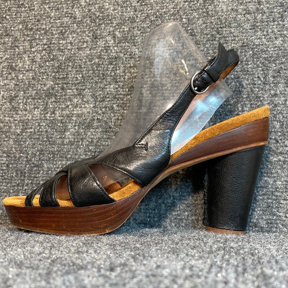 Biviel Women 7.5 Black Leather Wood Platform Slingback Open Toe Heels Shoe Pumps